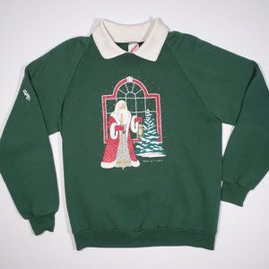 Vintage 90's Christmas Santa Collared Sweatshirt L